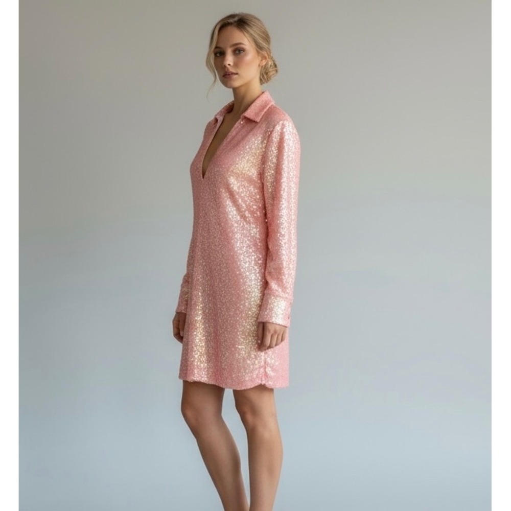 Joe Fresh x Roxy Earle Pink Sequin Shirt Dress Size Medium Mini Party Glam